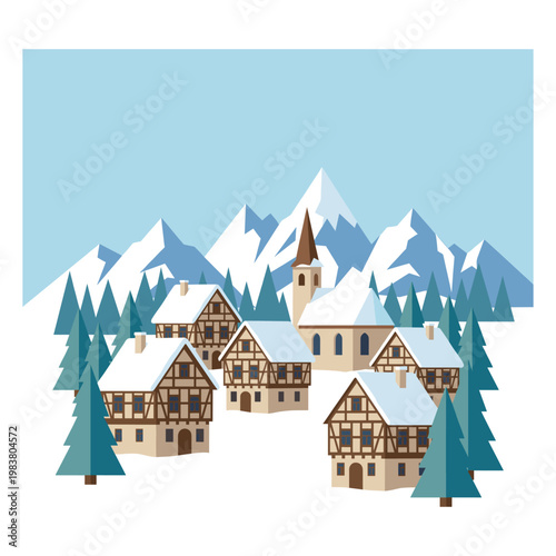 Cozy village nestled in a snowy mountain landscape, evokes the charm of winter