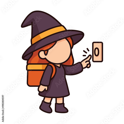 Witch character pressing doorbell flat vector illustration