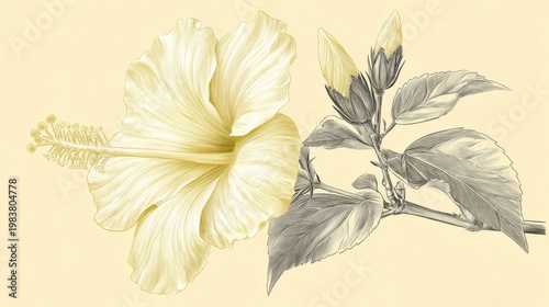 Elegant Yellow Hibiscus Flower and Buds on a Soft Background