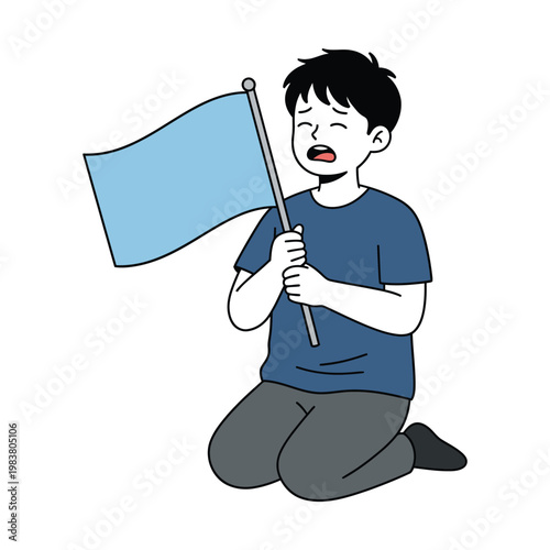 Flat illustration of a sad boy surrendering with a white flag, ideal for concepts of defeat, apology, or emotional expression.