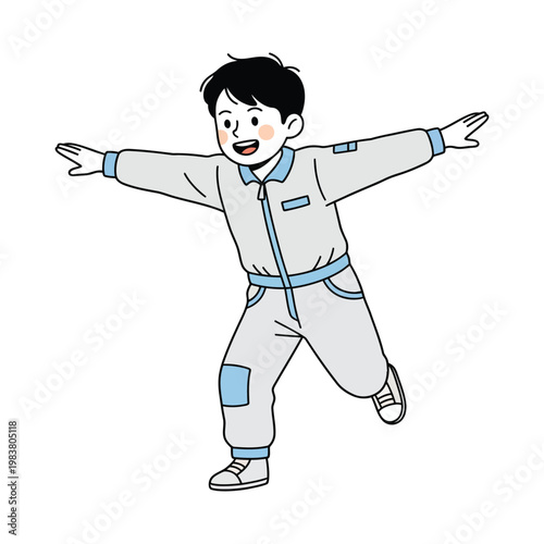 Smiling kid pretending to fly like airplane with open arms, simple flat cartoon illustration isolated on white.