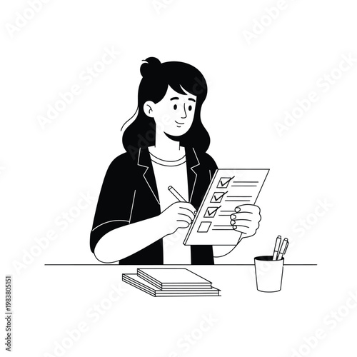 Black and White Illustration of a Woman Taking Notes During Meeting