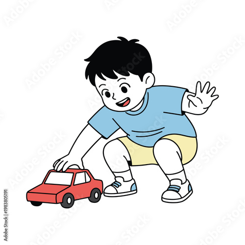 Canvastavla A young boy crouching down and pushing a red toy car, looking happy and focused on his play