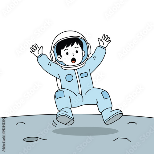 A cute young boy in a light blue astronaut suit and helmet floating in zero gravity on a lunar surface. Flat design pastel illustration.