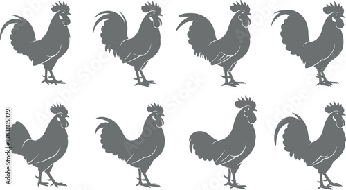 Stylized rooster silhouettes in symmetrical pattern, farm animal vector illustration for decorative design, poultry artwork background