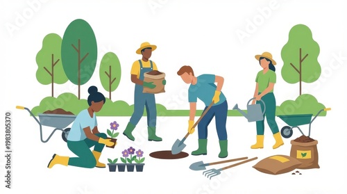 Community Garden Volunteers Planting Together Outdoors.