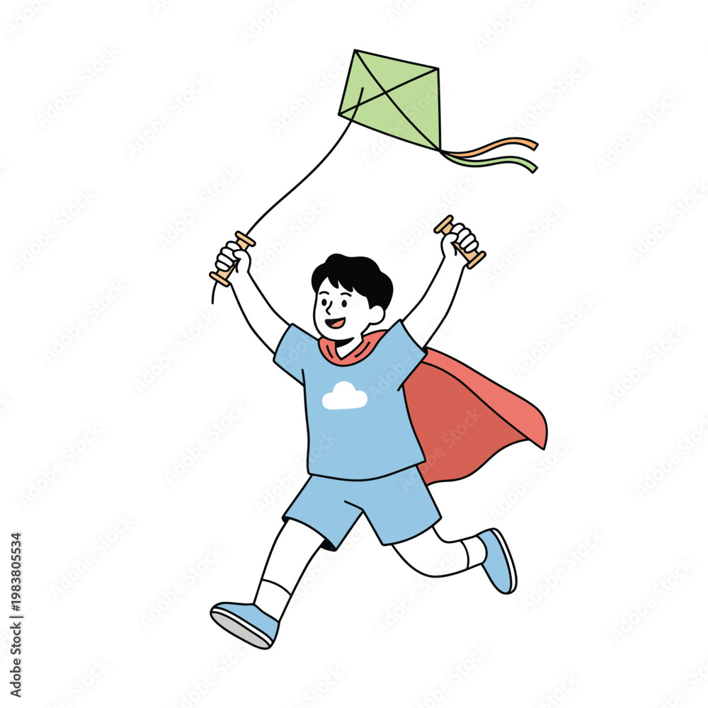 Fototapeta premium Happy young boy wearing a red cape and flying a green kite. Outdoor activity flat design pastel illustration.