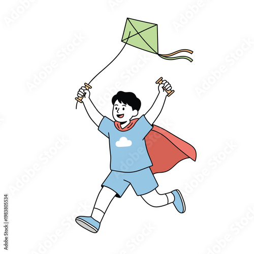 Happy young boy wearing a red cape and flying a green kite. Outdoor activity flat design pastel illustration.