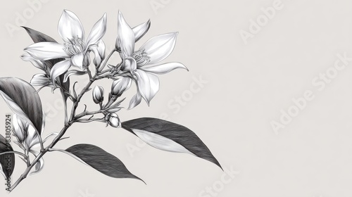 Elegant Black and White Floral Illustration with Leaves and Buds