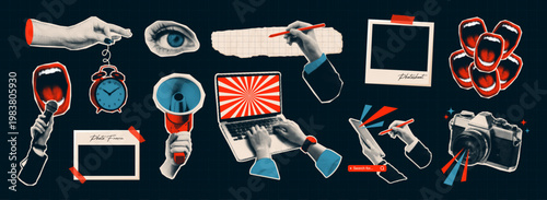 Pop art funky halftone collage elements set with hands, megaphone, camera, laptop, alarm clock, photo frames and paper scraps in retro pop art style. Education, business, office concept.