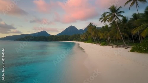 Tropical island beach at sunset with palm trees and mountains