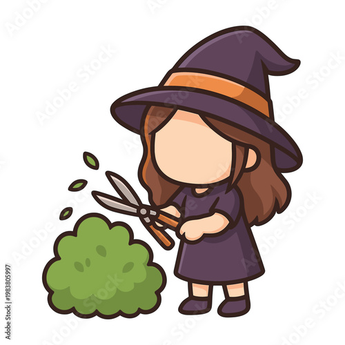 Witch trimming bush with garden shears flat vector