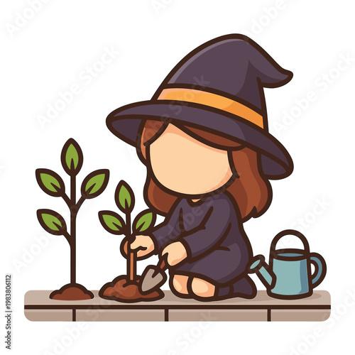 Witch planting a tree with watering can cartoon