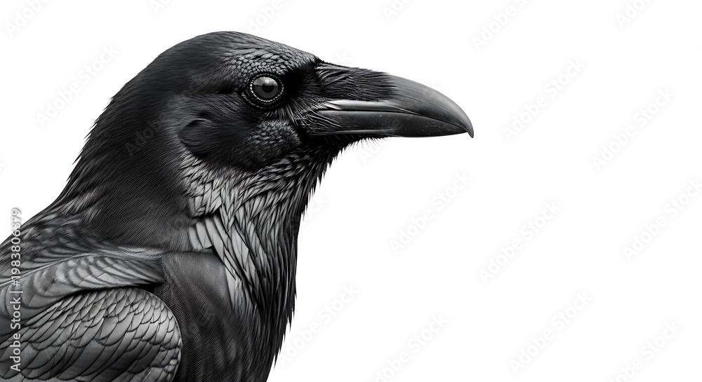 Fototapeta premium Close-up monochrome portrait of a raven with detailed feathers and sharp beak, facing right