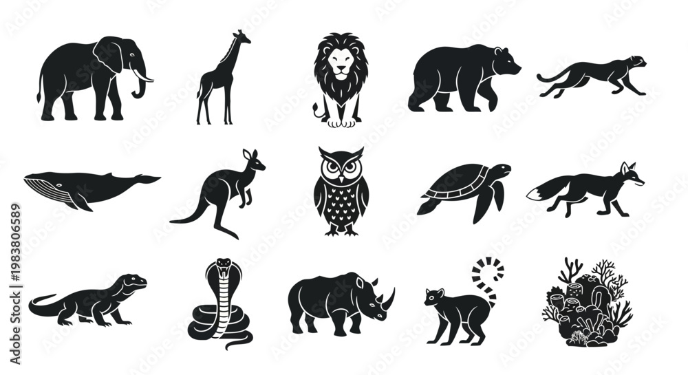 Obraz premium Collection of diverse animal silhouettes including mammals, reptiles, birds, and marine life for educational or design purposes