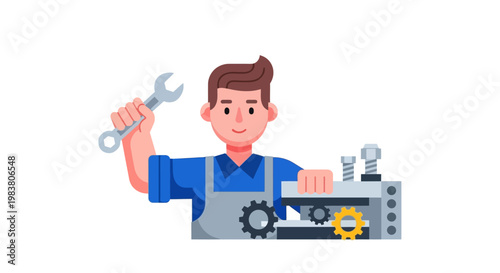Expert male mechanic diligently working on industrial machinery, holding a wrench as a symbol of skilled technical support and essential equipment maintenance