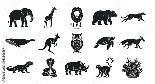Collection of diverse animal silhouettes including mammals, reptiles, birds, and marine life for educational or design purposes