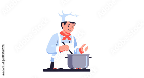 A male chef, dressed in a traditional white uniform and hat, is actively cooking a meal, stirring a pot with a spoon and holding an egg, representing the art of culinary preparation