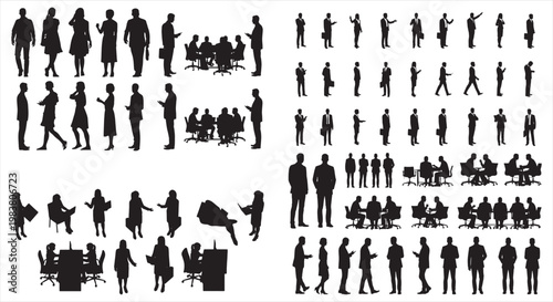 Business people silhouettes mega set with office scenes, meetings, standing walking and sitting poses, black vector
