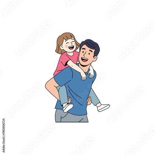 A happy cartoon man giving a little girl a piggyback ride with joyful expressions on their faces