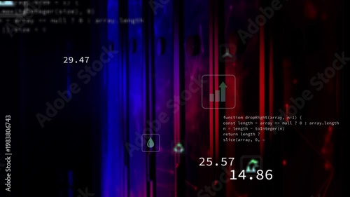 Floating data icons are shifting on dark UI with blue-red bands showing CO² droplet metrics+code