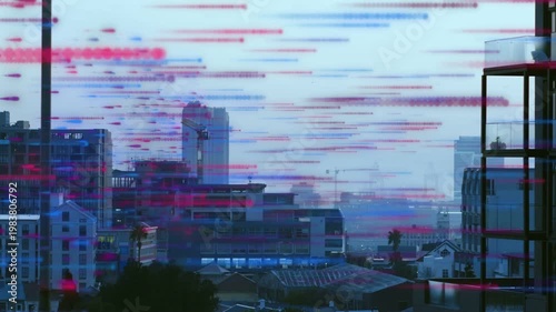 Vertical video: glitch appearing, sweeping red blue bands across midrise skyline glass balcony