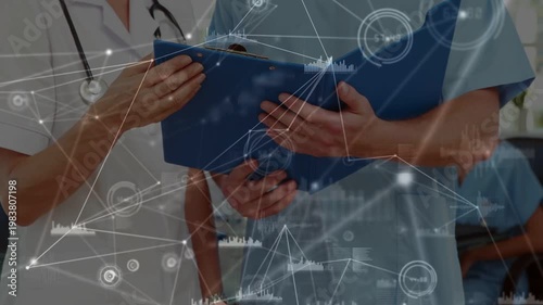 Vertical video: Overlay animating, doctor and nurse holding blue file, reviewing records at ward