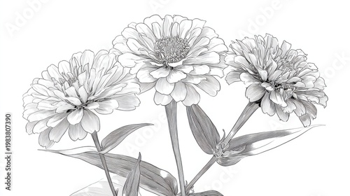 Elegant Black and White Floral Sketch of Zinnia Flowers