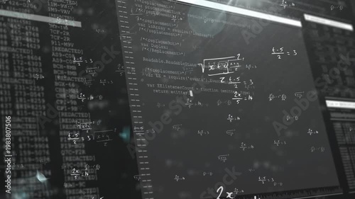 Camera panning, monitor sliding in revealing code with floating math highlighting formulas for devs