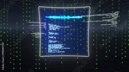 Hologram HUD assembling by binary rain, forming radial core with charts, code animating for tech