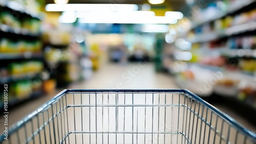 Perspective from inside a shopping cart moving through a brightly lit supermarket aisle