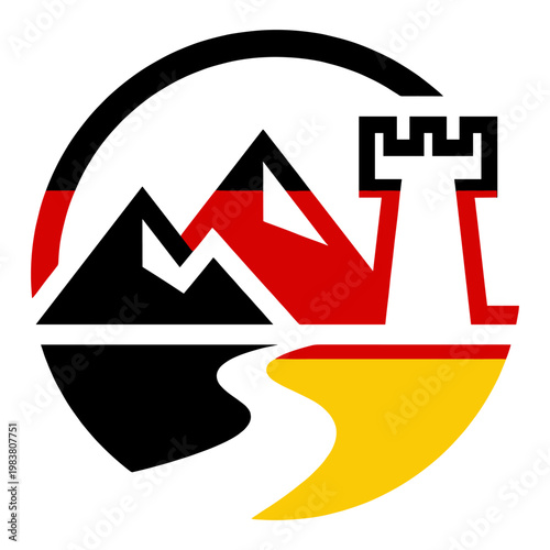 A stylized German landscape emblem with a mountain, road, and castle, within a circular frame using national flag color scheme