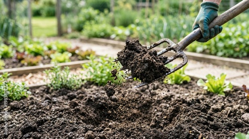 Gardener using a garden fork to turn soil in a vegetable garden  