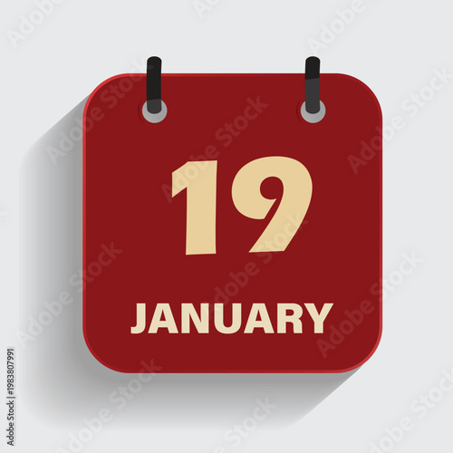 calendar icon showing nineteenth of january on red background for winter schedule and event planning
