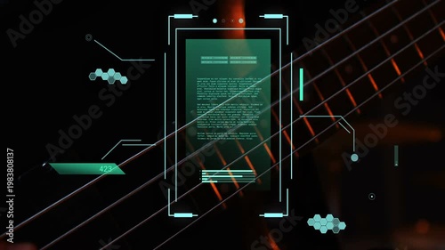 Vertical video: Musician plucking strings, music HUD updating progress and readout for tracking