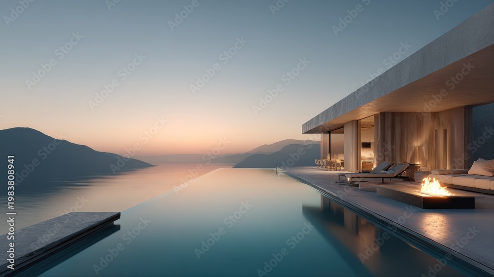 Obraz premium Luxury modern villa with infinity pool overlooking serene ocean and mountains at sunset