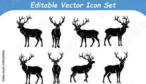 Silhouettes of eight deer with antlers silhouette collection wildlife illustration