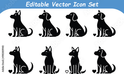 Editable vector icon set of eight sitting dog silhouettes pet animals with heart detail silhouette companion