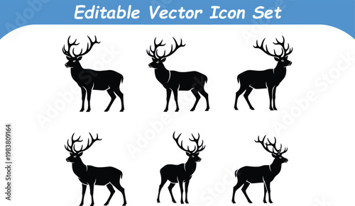 Editable vector icon set of six standing deer silhouettes with large antlers wild animals standing silhouette