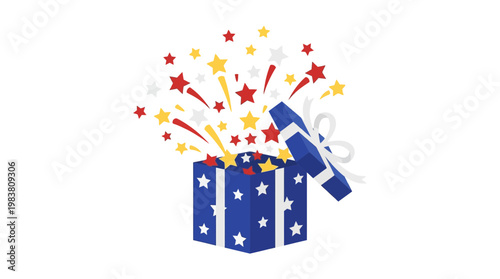Celebrate the spirit of independence with a 4th July gift box bursting with festive stars and fireworks illustration