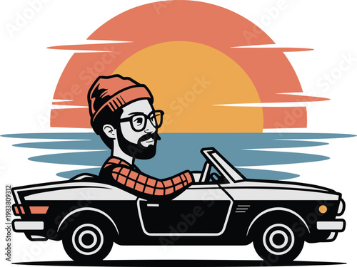 Hipster person watching the sunset over the ocean in a car beautiful landscape vector on white background.