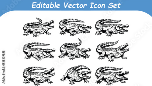 Collection of nine black and white vector icons featuring alligators in various poses alligator crocodile