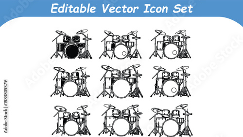 Set of nine editable vector icons of drum sets and percussion instruments in black and white with instrument