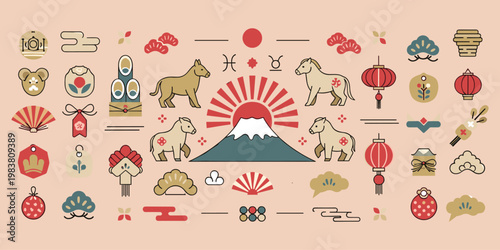 A colorful illustration showcases various japanese cultural elements including animals traditional objects and iconic mount fuji high quality professional detailed modern elegant stylish