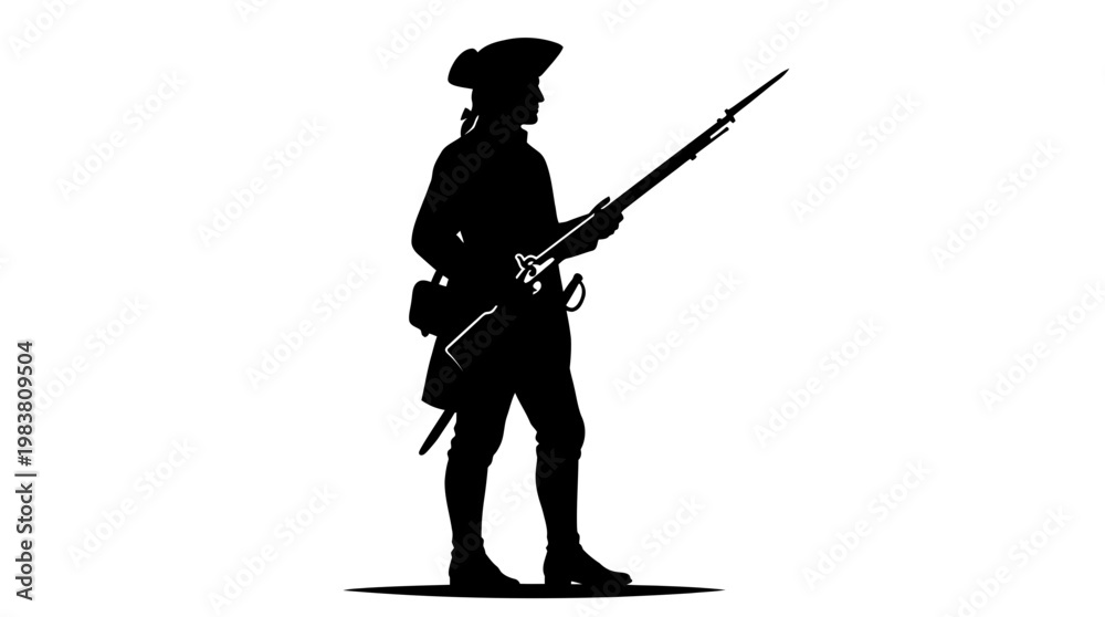 Obraz premium Patriotic silhouette of a colonial soldier holding a musket, symbolizing American independence for 4th July celebrations and historical heritage