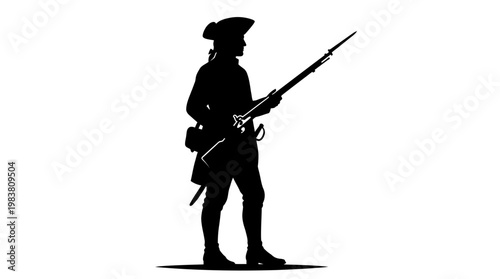 Patriotic silhouette of a colonial soldier holding a musket, symbolizing American independence for 4th July celebrations and historical heritage