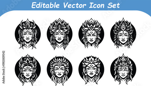 Collection of eight editable vector icons depicting a stylized mythological woman's face with ornate headdress