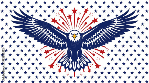 Dynamic Flat Vector Illustration of a Patriotic Bald Eagle Amidst Bursting Fireworks, Symbolizing 4th July Independence Day Festivities and National Pride