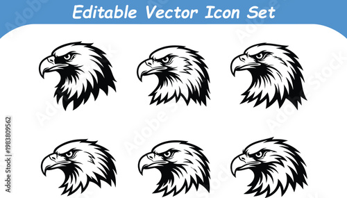 Set of six editable vector icons of a fierce eagle head with detailed feathers and intense gaze predator wildlife
