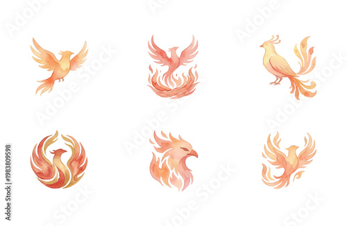Watercolor fire bird phoenix icons set in soft warm tones